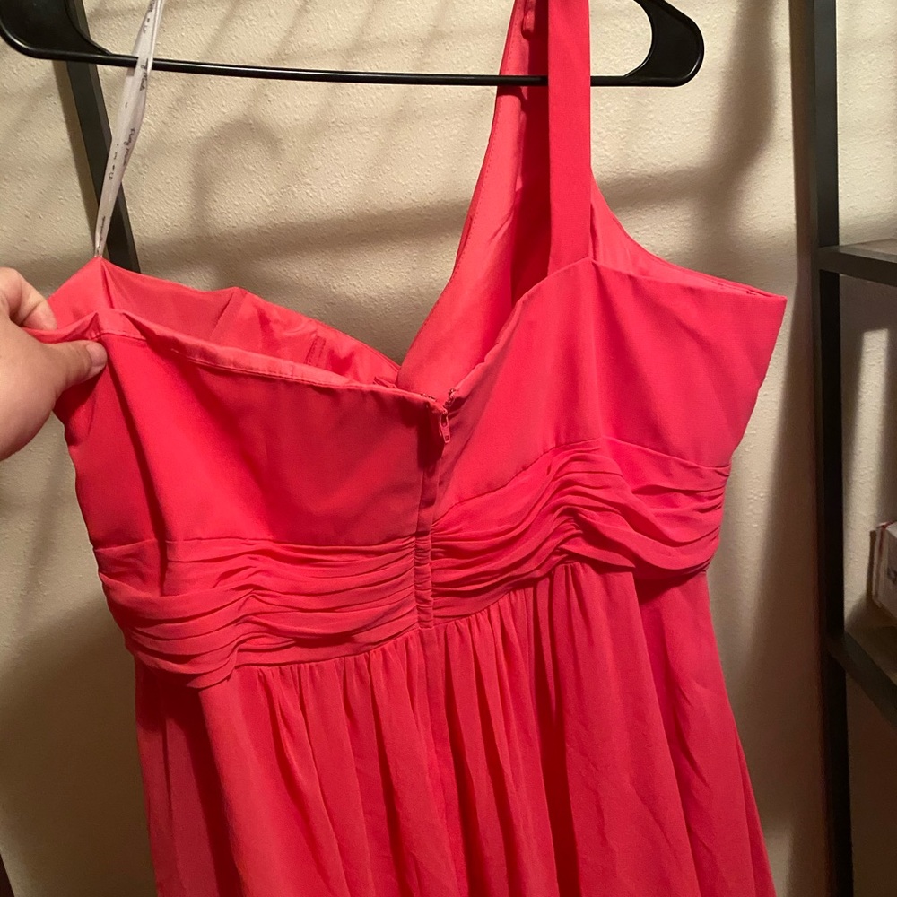 Floor length, one shoulder bridesmaid dress